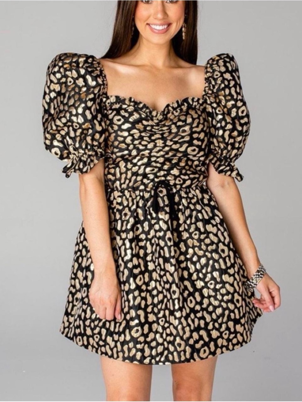 Buddy Love Black and Gold Leopard Puff-Sleeve Mini Dress